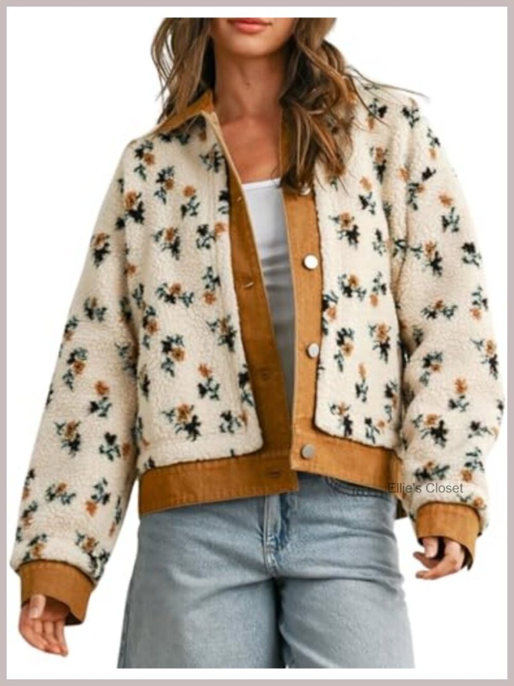 Women's Floral Sherpa Jacket Open Front Denim Collar Fleece with Pockets